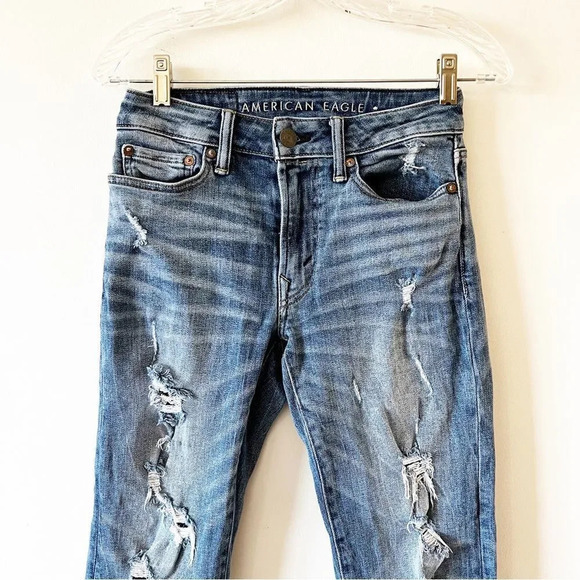 American Eagle Slim Destroyed Jeans 26 X 28 Youth‎ Tween Light Blue Denim Ripped - Picture 7 of 11